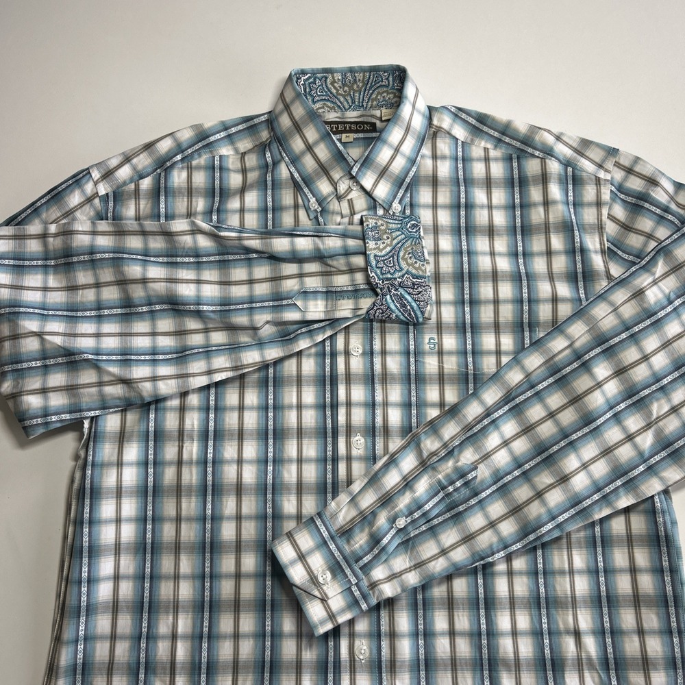 Stetson Mens Size Medium Long Sleeve Button Down Shirt Blue Plaid Western Cowboy